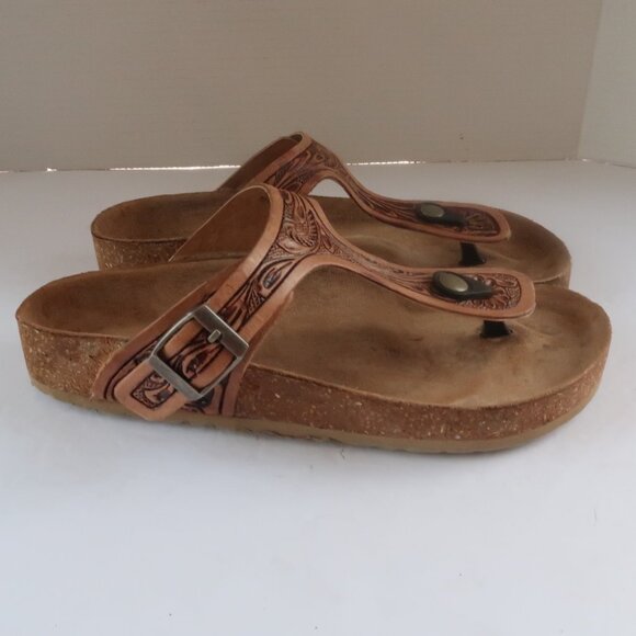 Grashius Western Hand-Tooled Comfy Thong Sandals Sz 7 Color  Color Brown - Picture 12 of 12